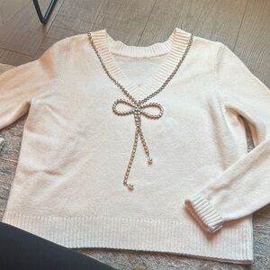 LOFT Elegant Cream Sweater with Rhinestone  Detail